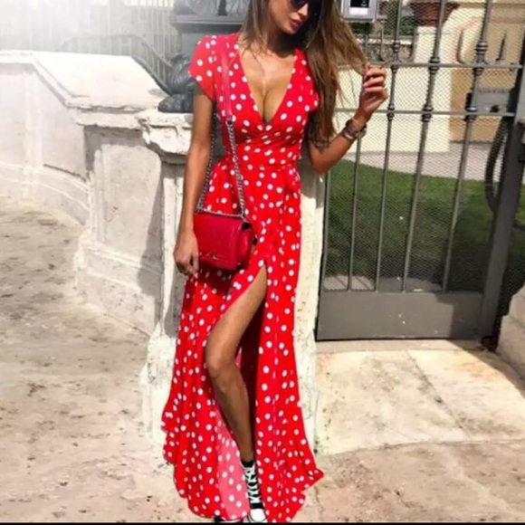 NWT Polka Dot Bohemian Summer Maxi Split Dress - Picture 2 of 11